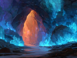 Glowing Mystical Crystal Cave with Vibrant Blue and Orange Lights
