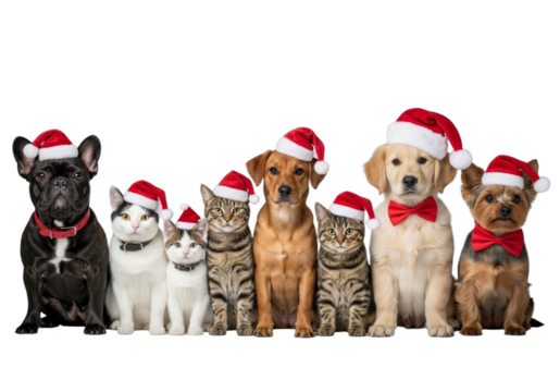 Holiday Pet Parade Adorable Dogs and Cats in Festive Santa Hats, Ready for Christmas