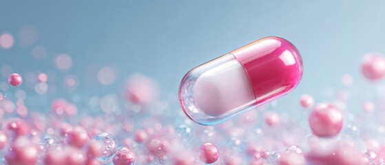 The capsule floating above glossy pink spheres in futuristic medical abstract background