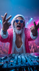 A man in a santa claus outfit is playing a dj set at a party