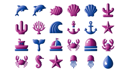 Cute 3D Cartoon Sea Creatures and Marine Life Icons. Collection of Marine Life and Nautical Symbols in 3D Cartoon Style