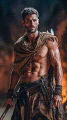 A shirtless man holding a sword in front of a fire