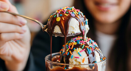A person enjoys a delicious vanilla ice cream sundae topped with chocolate sauce and colorful sprinkles being lifted by a spoon.