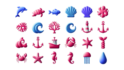 Cute 3D Cartoon Sea Creatures and Marine Life Icons. Collection of Marine Life and Nautical Symbols in 3D Cartoon Style