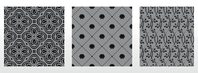 Geometric floral set of seamless patterns. Gray and black vector backgrounds. Damask graphic ornaments