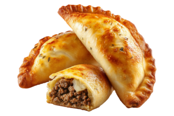 Argentina and Uruguay empanadas stacked in a pyramid, golden baked crust, meat and potato filling, isolated on white transparent background, concept of traditional South American Cuisine