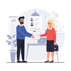 Vector art of man and woman shaking hands in an office, representing a job interview or hiring process