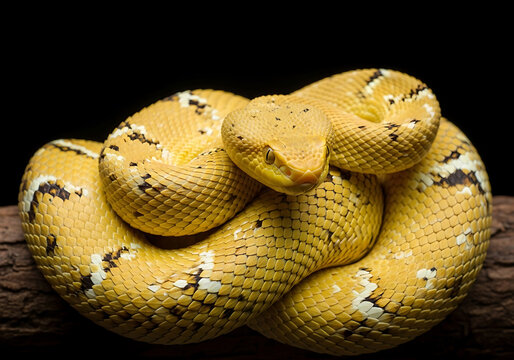 Vibrant yellow python coiled on dark wood against black background