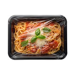 Pasta Tray Icon, top-down flat-lay of a rectangular tray with tomato-basil pasta sealed under clear plastic film, transparent background.