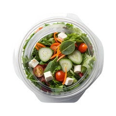 Salad Cup Icon, top-down view of a fresh salad cup sealed with clear plastic film, transparent background.