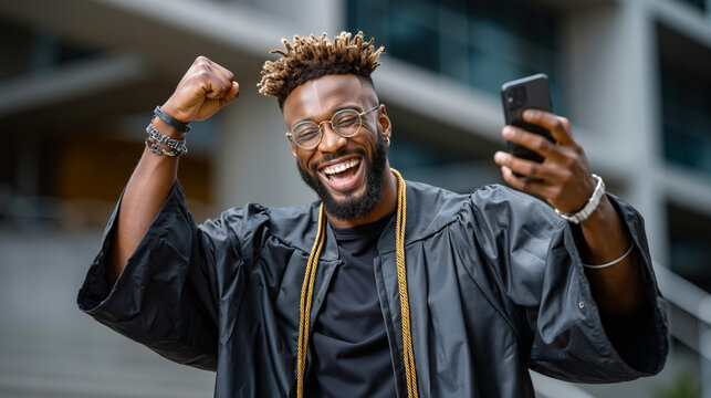 A man in a graduation gown taking a selfie with his cell phone