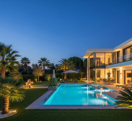 High-quality photo of a natural scenic view with trees, flowers, fruits, and houses, bright daylight, sharp focus, ultra-realistic details, professional stock photo style, suitable for commercial use