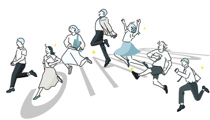 スタートアップのイメージイラストージャンプするビジネスパーソンーカジュアル服ー白バックイラスト素材Startup concept illustration: Businessperson jumping—Casual attire—White background illustration material