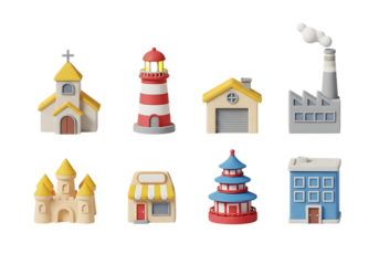 3d icon of collection of 3d cartoon style buildings including a church, lighthouse, house, factory, castle, shop, pagoda, and apartment building, isolated on transparent background