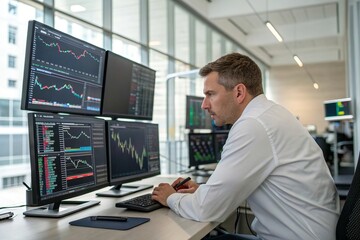Male stockbroker working indoors, seated before multiple glowing display screens, analyzing financial data in a modern trading environment