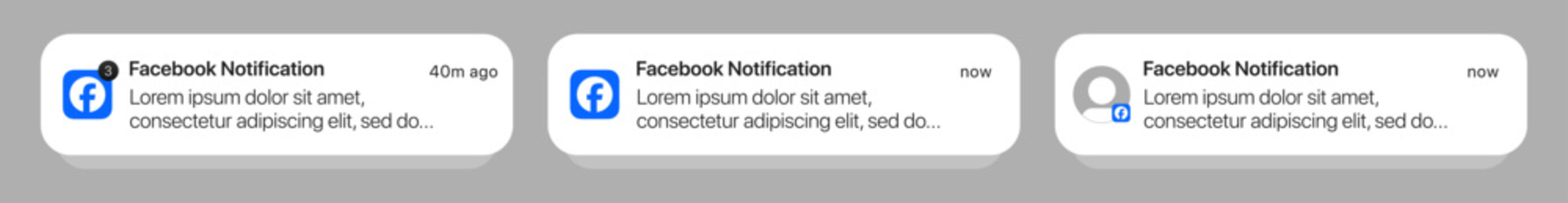 Facebook notification UI mockup template for iOS with Facebook push alert banner popup in mobile app layout.