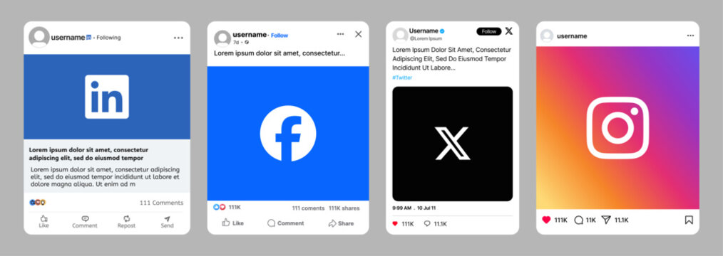 LinkedIn Facebook Instagram Twitter X post UI mockup template for mobile social media app design with LinkedIn Facebook Instagram Twitter X feed screen layout.