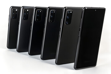 Multiple Black Smartphones Lined Up on White Background