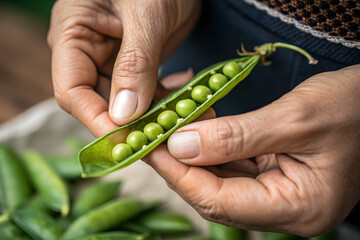 Freshly Harvested Green Peas Being Opened to Reveal Healthy Pod