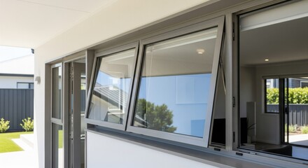 Modern gray aluminum double-hung awning windows on a light gray house exterior