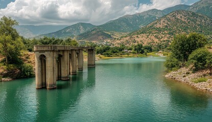 Ruined concrete bridge over a tranquil lake, mountains in background