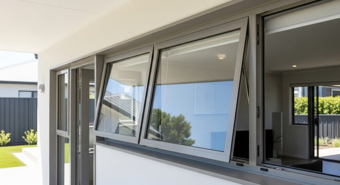 Modern gray aluminum double-hung awning windows on a light gray house exterior