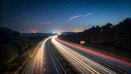Long exposure highway at night with car light trails and stars