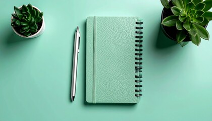 Mint green notebook, pen, and succulents on a mint green surface