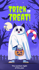 Halloween banner with tradition symbols. Cat in a ghost costume illustration. 