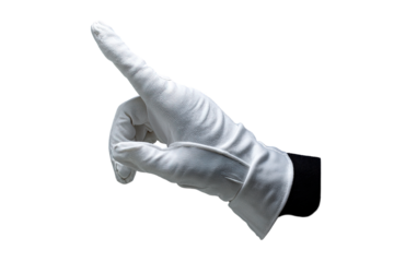 A white gloved hand points rightward against a black background.  The hand is in a gesture of direction