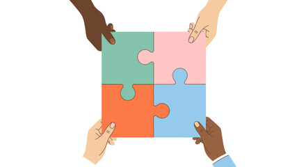 Diverse hands connecting colorful puzzle pieces as a symbol of teamwork, collaboration, and creative problem-solving