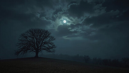 Fototapeta premium Lone Tree on a Misty Hill under Moonlight – Eerie Foggy Night Landscape