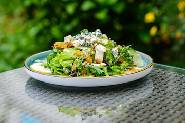 A vibrant green salad featuring fresh lettuce, sliced apples, blue cheese crumbles, and nuts, served on a ceramic plate
