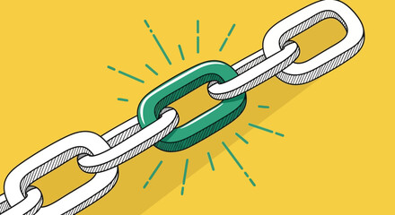 Isometric illustration of a chain with a highlighted green link symbolizing security, connection, and strength