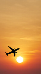 Soaring silhouette against the sun: An airplane gracefully ascends against the backdrop of a blazing sunset. A striking image that embodies travel and freedom.