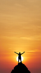 Reaching for the Summit: A silhouette of a person stands atop a mountain, arms outstretched, as the sun sets. Symbolizing achievement.