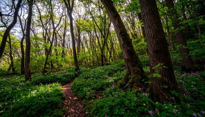Obraz premium Lush woodland path. Sunlight filtering through trees