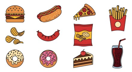 Set of unhealthy junk food. Fastfood icons of burger, hot-dog, pizza, sausage, chips, french fries, donut, cake and soda. Colored flat vector illustration of fat eating isolated on white background