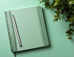 Mint green notebook with pen, plant