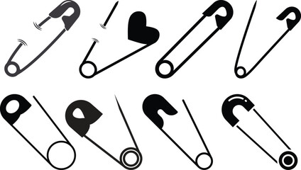 safety pin icon set.Opened and closed pin.Needle and Safety Pin Icon on Black and White Vector Backgrounds.Realistic Metal Safety Pin Vector silhouette editable stroke on transparent background.