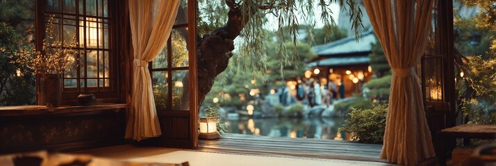 Naklejka premium Celebrating obon, tranquil japanese interior opening onto a festive garden gathering