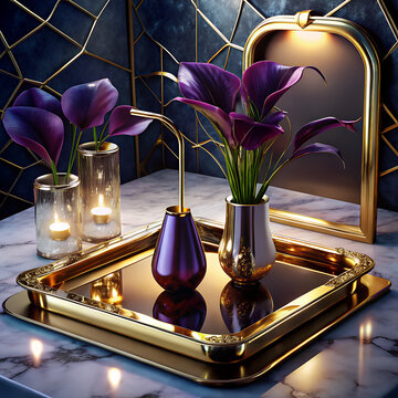 Elegant rectanglularGold Framed Mirrored Tray withpurple anthriyam fiowers and Candle Holders for Luxury Home D&eacute;cor