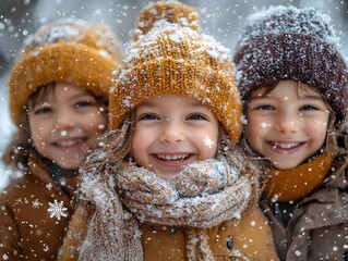 Close up portrait of three happy children in winter hats and scarves smiling joyfully while playing in falling snow