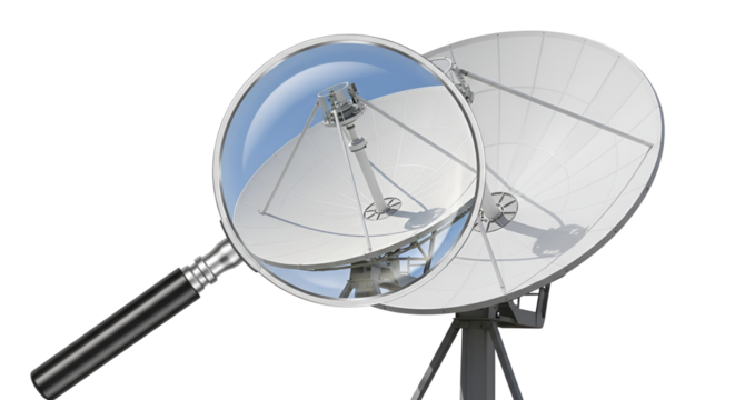 Satellite dish with magnifying glass isolated PNG with Transparent Background - Powered by Adobe