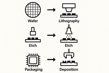 Black line icons showing semiconductor fabrication stages like wafer, lithography, etch, deposition, and packaging on white background