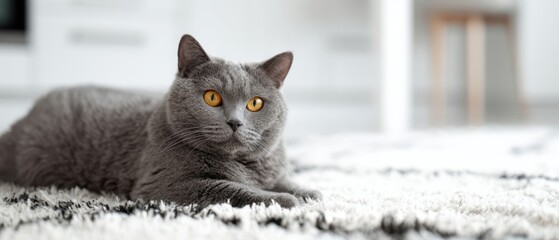 The gray cat lounging on a plush rug in a bright minimalist living room
