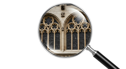 Magnifying glass focusing on detailed gothic windows isolated PNG with Transparent Background