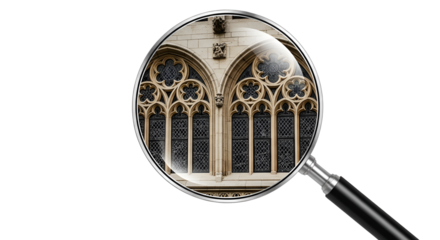 Magnifying glass focusing on detailed gothic windows isolated PNG with Transparent Background