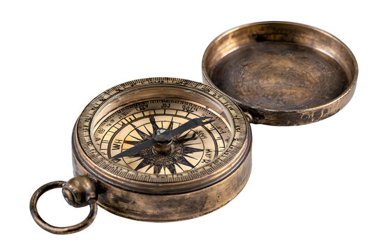 old style brass compass on white background