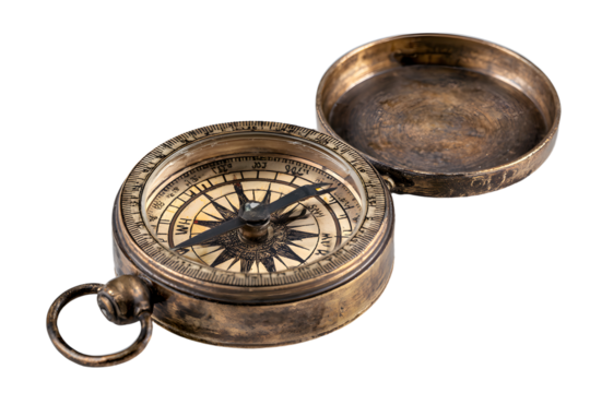 old style brass compass on white background